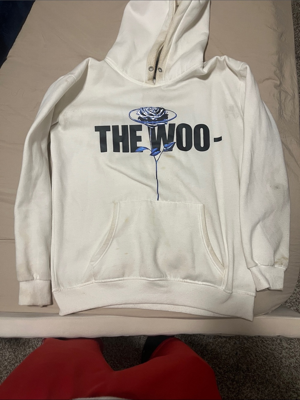 VLONE White Hoodie with Blue Rose "THE WOO-" Graphic